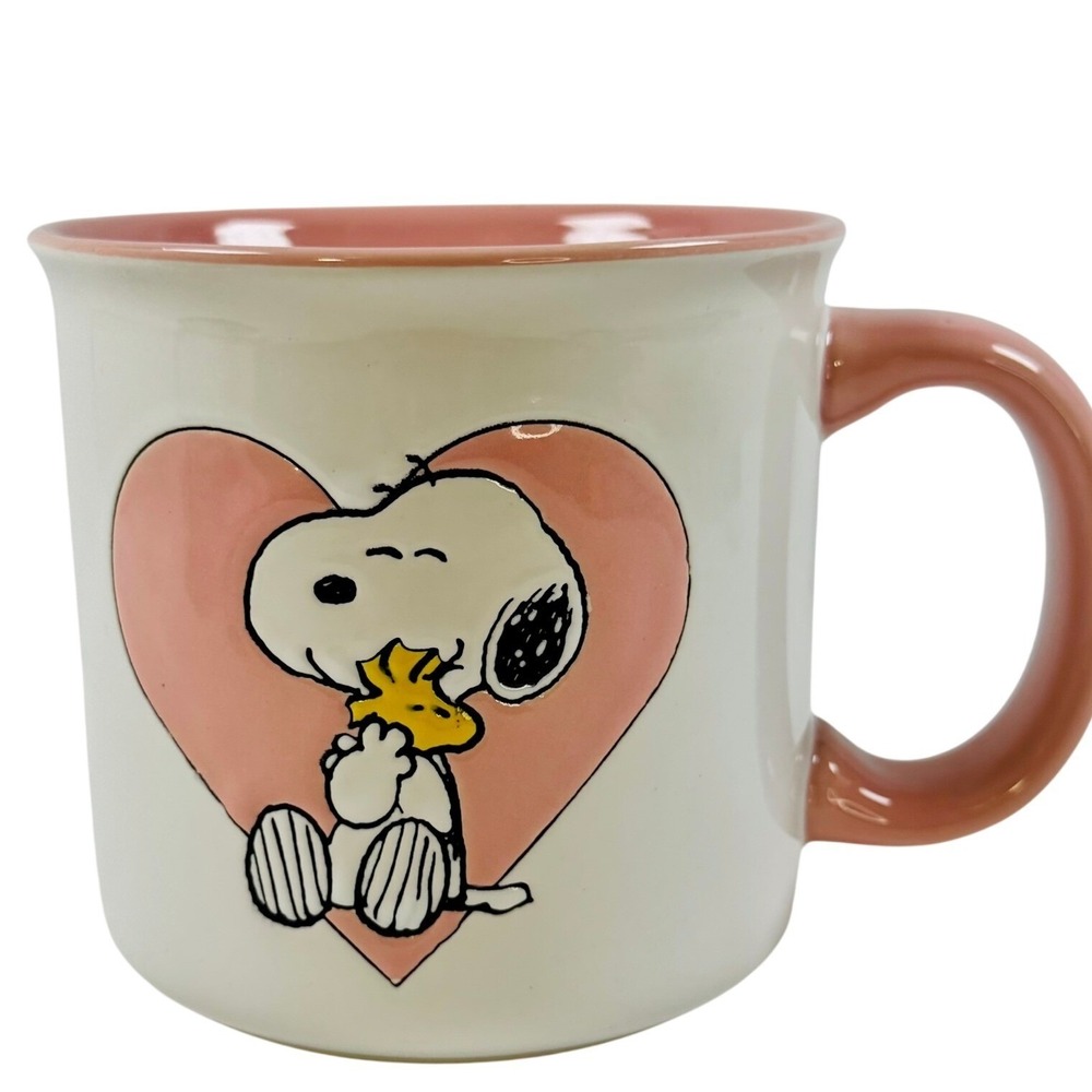 Peanuts Snoopy Woodstock BFF Pink Heart Ceramic Coffee Mug Double Sided LARGE
